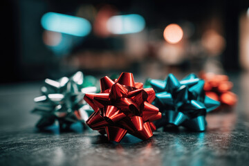Colorful gift bows metallic ribbon festive decoration blurred background holiday celebration cheerful mood closeup shiny surface party preparation modern style