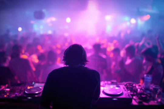 DJ performing on stage with vibrant neon lights energetic crowd dancing colorful atmosphere electronic music event nightlife excitement party scene blurred background joyful mood - Powered by Adobe