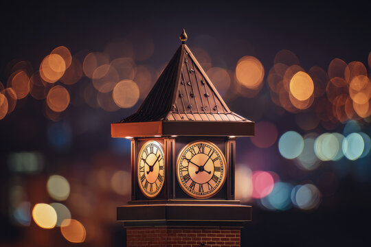 Clock tower glowing at midnight with warm bokeh lights in background, creating dreamy and nostalgic night cityscape atmosphere