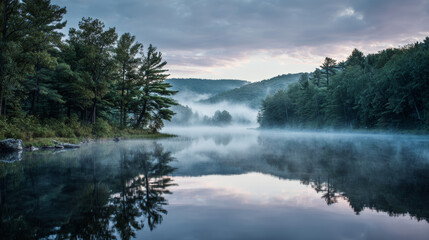 Fog rolling over a serene lake at dawn ethereal stillness.
