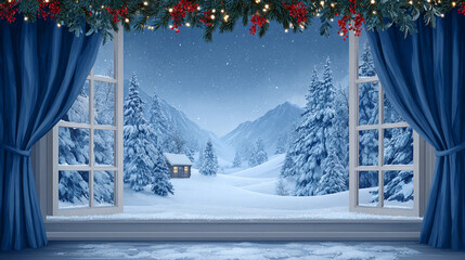 Snowy winter landscape view from a cozy cabin window showcasing snow-covered trees and mountains. Winter background for photo studio.