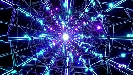 Futuristic digital wireframe tunnel with glowing blue and purple neon lights, cyberspace technology background - Powered by Adobe