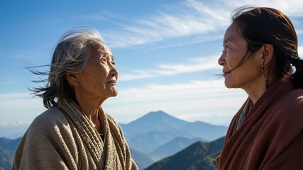 Elderly Asian woman and younger woman sharing a moment on a windy mountain peak for generational connection concept and peaceful contemplation