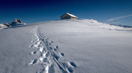 Footprints in fresh snow leading to a small mountain hut. 