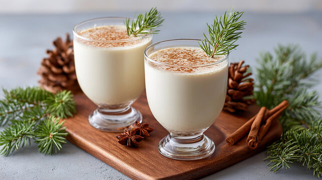 Two creamy coquito drinks sit in clear glasses on a wooden tray, surrounded by pine branches, cinnamon sticks, and pine cones