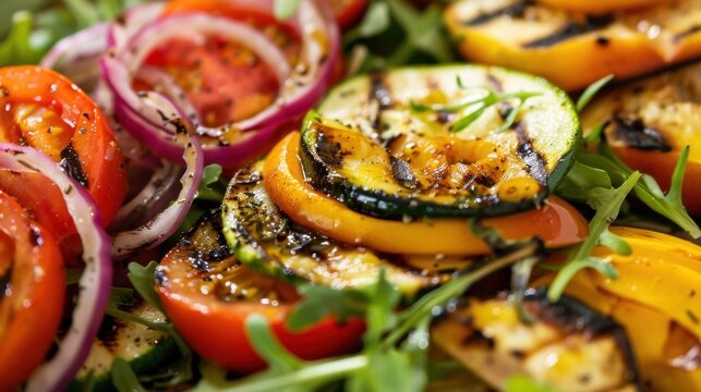 Grilled vegetables including zucchini, bell peppers, and red onions arranged on a bed of arugula. Fresh and colorful, ideal for healthy meals. - Powered by Adobe