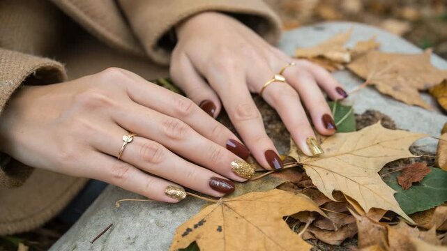 Elegant female hands with autumn brown and golden glitter manicure and rings resting on fall leaves for seasonal beauty concept and warm style