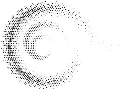Dynamic halftone spiral fade created with gradually dispersing dots, swirling abstract motion effect forming modern energetic graphic background with soft radial twist design