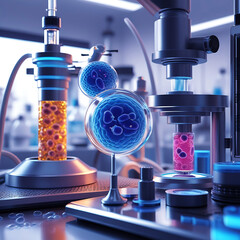 Futuristic DNA Research Lab With Microscopes and Cell Cultures.