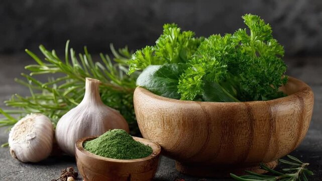 A captivating close-up highlights a vibrant collection of fresh culinary ingredients, featuring lush green parsley and aromatic rosemary artfully arranged in a rustic wooden bowl. Alongside, whole gar