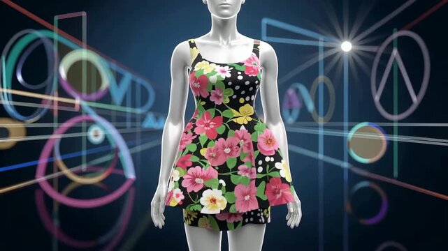 Fashion mannequin dressed in a vibrant, patterned dress with a digital background of abstract lines and circles