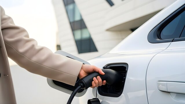 Business person charging white electric car in front of modern office building, concept for corporate sustainability, workplace green energy, and eco-friendly commuting.