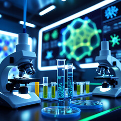 Futuristic DNA Research Lab With Microscopes and Cell Cultures.