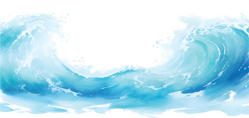 Blue water splash and wave abstract on a bright, clear summer day with light clouds in the sky