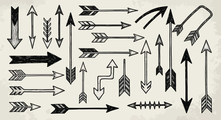 Collection of hand drawn arrows in various styles and directions on a textured beige background, vector set