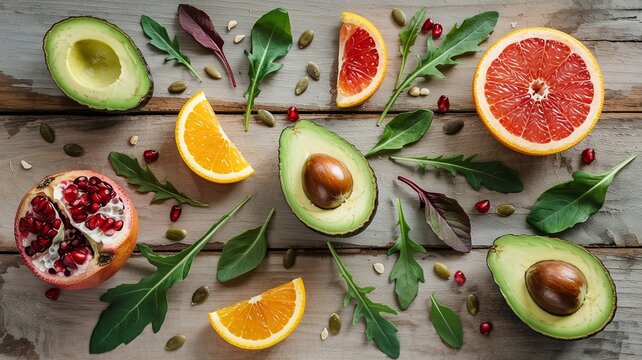 Vibrant citrus fruits and creamy avocados arranged artfully with fresh arugula for a healthy lifestyle promotional campaign or recipe blog