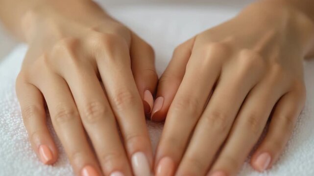 Healthy female hands showcasing a perfectly applied nude gradient manicure on a soft white towel for a professional nail care concept