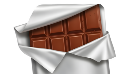 Chocolate Bar Peeking from Silver Wrapper isolated on transparent background