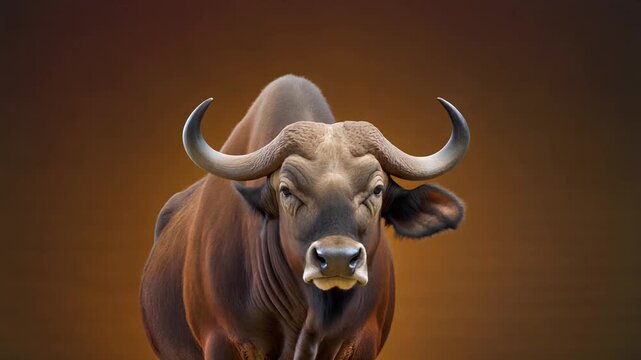Close Up Portrait of A Gaur Facing Forward On Brown Gradient Background With Horns Visible