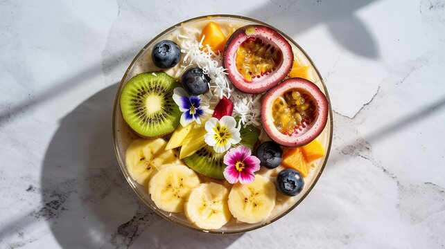 Delicious and vibrant tropical smoothie bowl with banana, kiwi, passion fruit, and blueberries on a bright marble surface for healthy lifestyle ads - Powered by Adobe