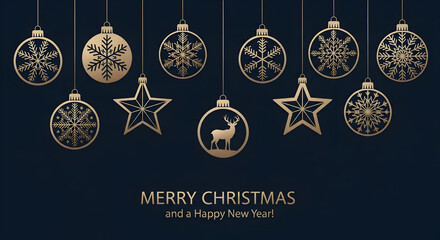 Fototapeta premium Merry Christmas greeting card with hanging ornament balls