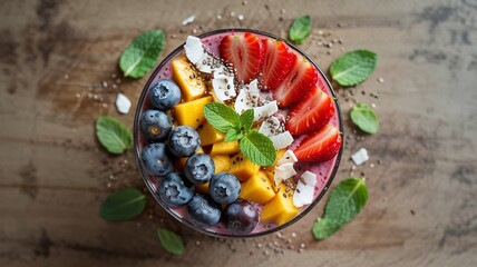 Delightful smoothie bowl with fresh strawberries, blueberries, mango, and coconut flakes on a rustic wood table for a healthy breakfast