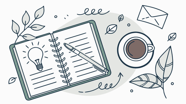 Notebook with a pen, a cup of coffee and a lightbulb idea illustration