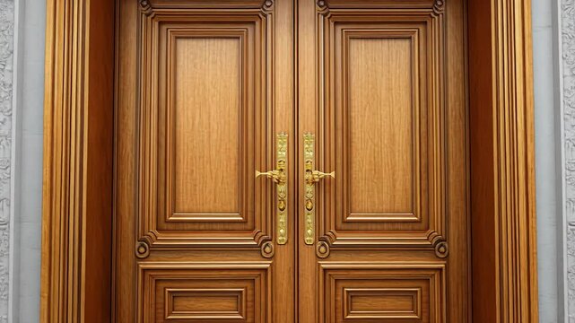 Elegant wooden double doors with ornate architectural details for luxury design inspiration