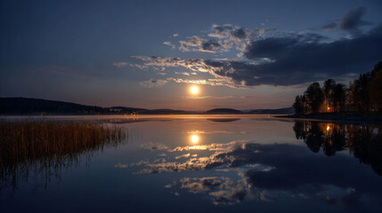 Full moon illuminating a still lake in perfect reflection
