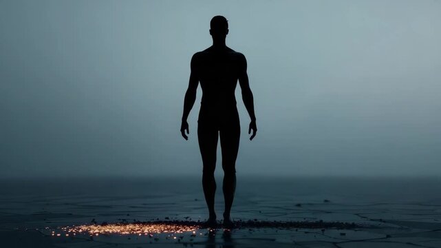 Abstract human silhouette dissolving into glowing particles on a dark futuristic background for digital transformation concept and spiritual evolution