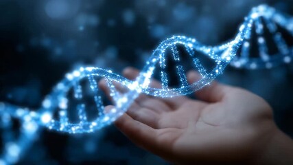 A hand gently holding an abstract glowing DNA helix, strands pulsating with light, futuristic particle effects and soft-focus digital bokeh enhancing a sense of scientific advancem - Powered by Adobe