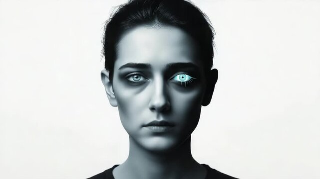 Close up of a somber young woman with one glowing blue eye and digital glitching for mental health concept and technological identity