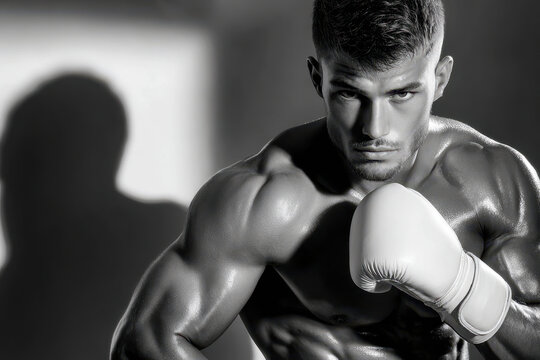 Strong boxer training in a gym with focus and determination during evening workout - Powered by Adobe