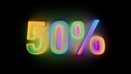 Neon 50% shines in bright colors. Energetic illuminated design is ideal for discounts, sales, and price offers. 3D render effect.