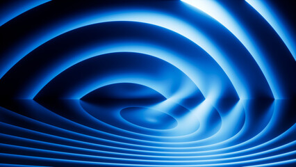 Radiant blue rings and stripes form a swirling laser pattern, evoking a sense of energy, science, and modern technology. 3d render illustration.