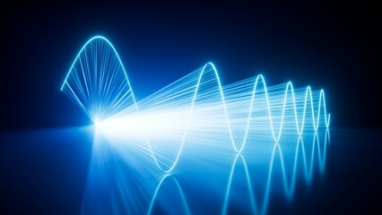 Pulsing blue laser sine waves cross, forming a scientific-inspired, illuminated installation with depth. 3D render illustration.