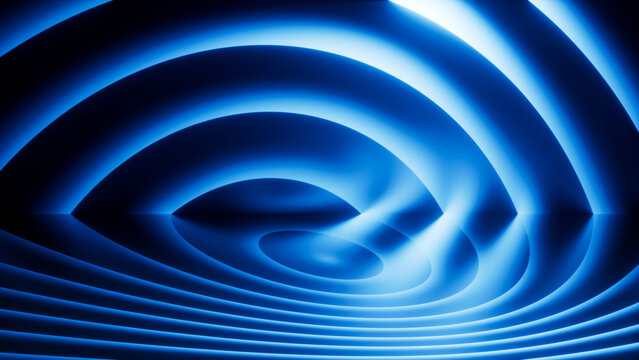 Radiant blue rings and stripes form a swirling laser pattern, evoking a sense of energy, science, and modern technology. 3d render illustration.