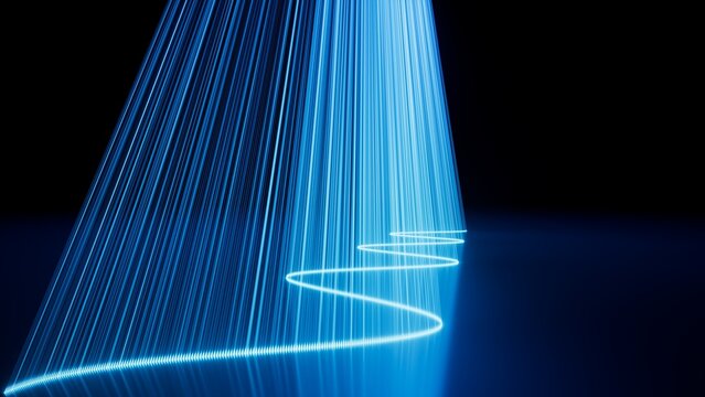 Installation with blue laser beams forming a tapering spiral, evoking a digital vortex or energy field. 3D render illustration.