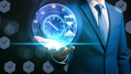 Businessman showing time management solution with digital clock motion animated video. - Powered by Adobe