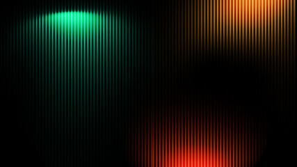 Abstract background with vertical lines illuminated by dramatic green and orange spotlight beams on a dark stage