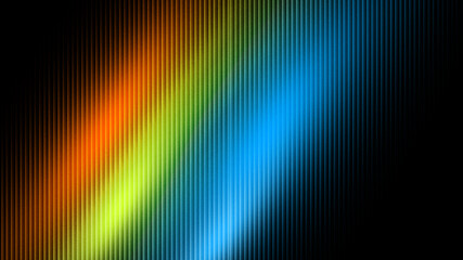 Abstract background with vibrant diagonal spectrum of orange, green, and blue vertical light lines on black