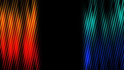 Abstract background with glowing diagonal lines in vibrant orangered and cyanblue colors against a stark black backdrop