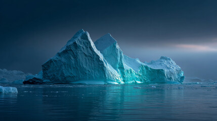 Giant icebergs glowing turquoise in polar waters.
