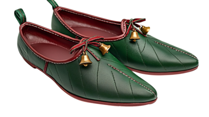 PNF of Stylish green leather shoes with bell accents, perfect for festive occasions or everyday wear.