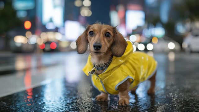 Charming Dachshund in a bright yellow raincoat walking across a wet city street at night, neon lights reflecting in puddles, glistening asphalt, and soft rain creating a cozy urban