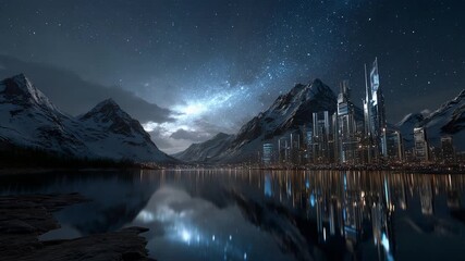 Drones survey illuminated lakeside metropolis with snowy mountain - Powered by Adobe