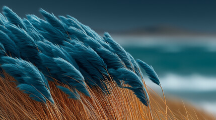 Naklejka premium Zjawiskowe ujęcie wysokiej trawy na wydmie, której szczyty są sztucznie zabarwione na intensywny, morski turkus, kontrastujący z pomarańczową podstawą i morzem.