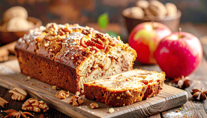 Apple cinnamon with walnuts, bread loaf, selective focus. AI