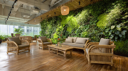 Fototapeta premium Green office interior with living wall, bamboo furniture, and natural daylight.