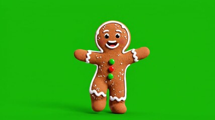 Animated gingerbread man dancing happily on a vibrant green screen, perfect for holiday projects and cheerful seasonal promotions